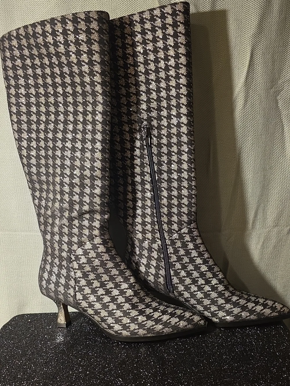 Pointed Toe Knee-High Houndstooth Boots in Black and Cream